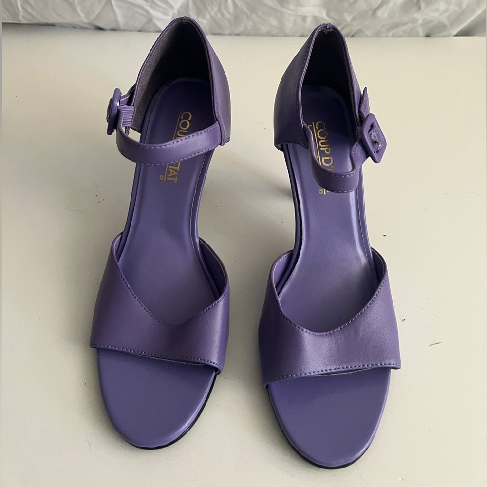 Vintage Purple Faux Leather Side-Buckle Sandal Heels– Size 7.5